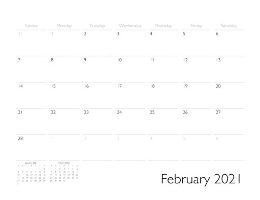 February 2021 Calendar Page