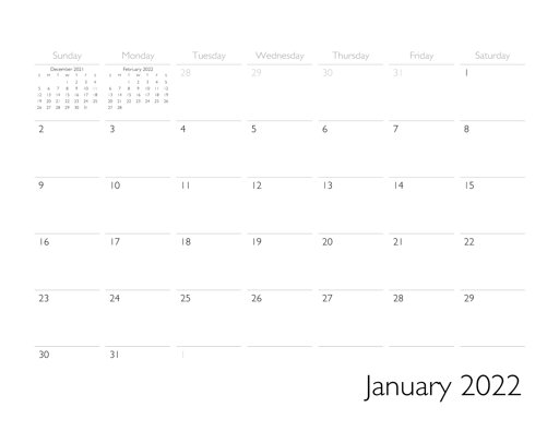 Fixed Calendar Pages - Classic Grid, Sunday Start Template